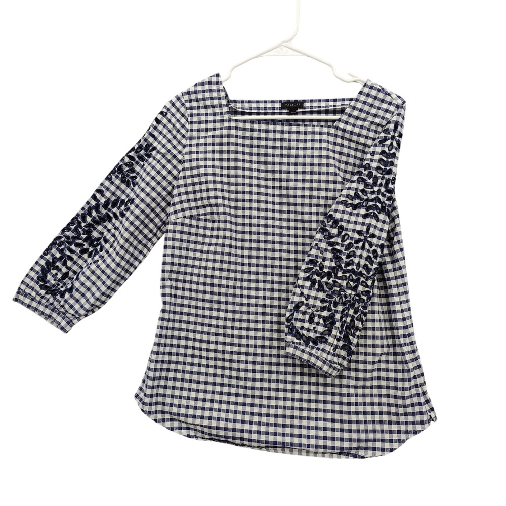 Talbots Womens Cottage Farm Gingham Coastal Nautical Top S Embroidered Blouse